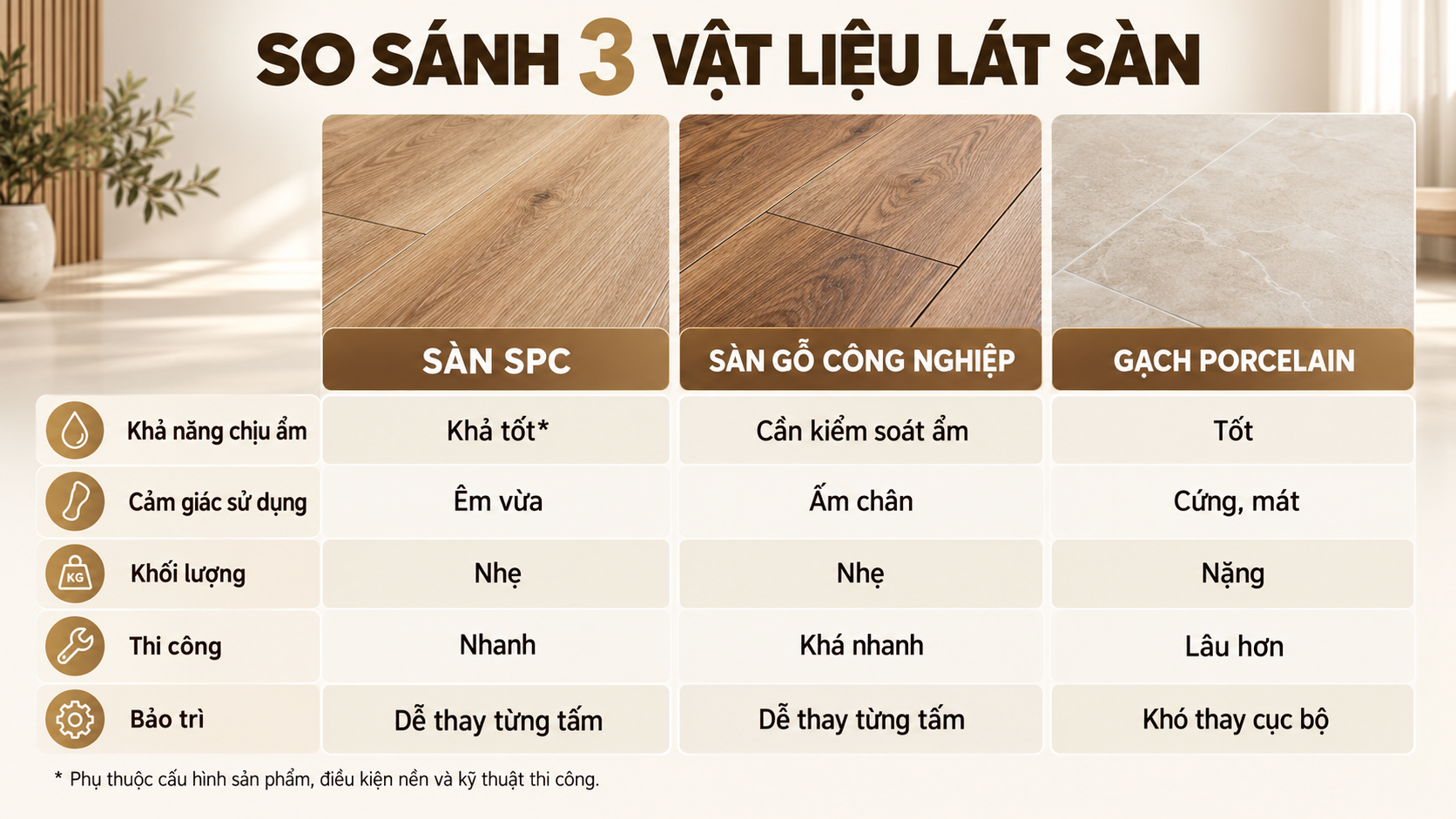 Bảng so sánh sàn SPC, sàn gỗ công nghiệp và gạch porcelain theo năm tiêu chí sử dụng